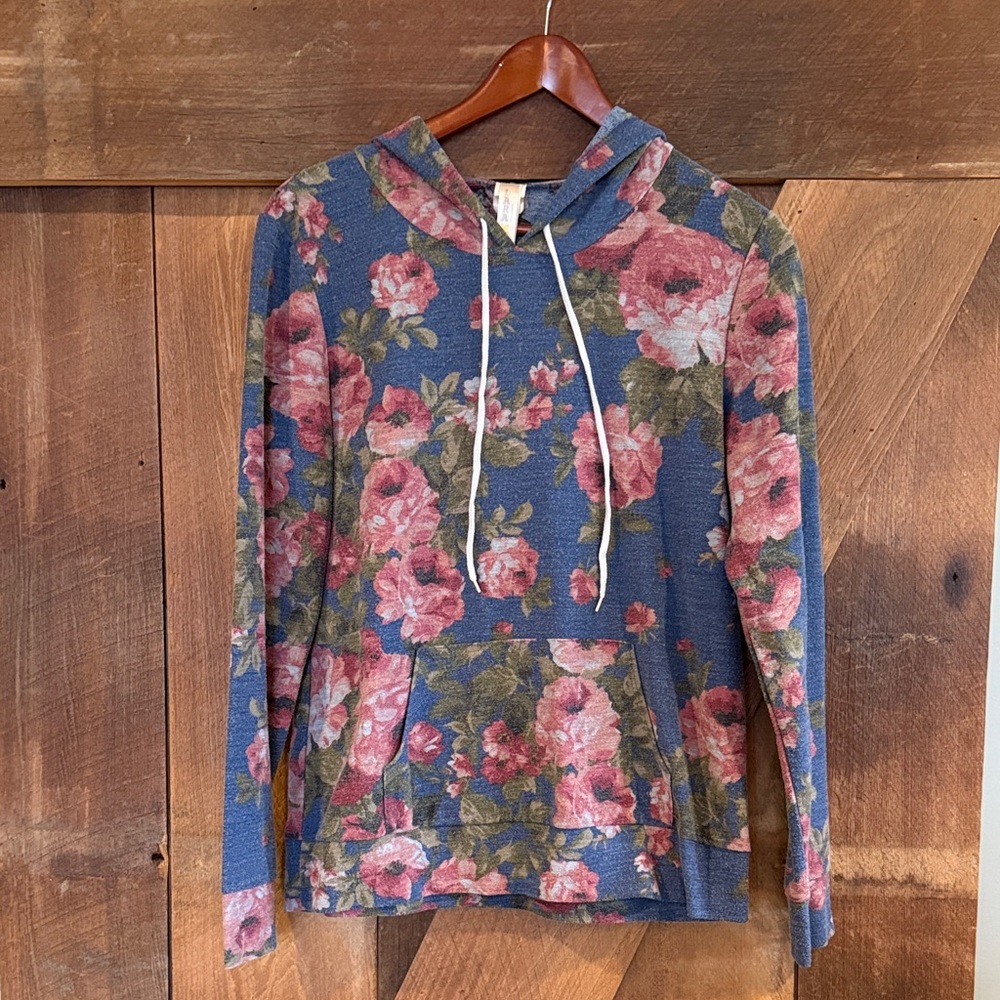 LARA Denim Blue Hoodie with Floral Pattern